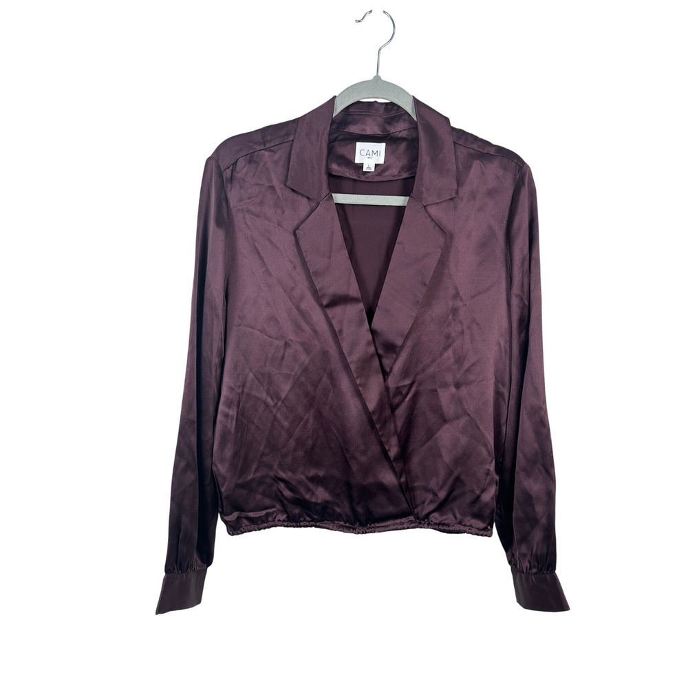 Cami NYC Wrap Blouse Womens Large Plum Excellent 100% Silk Long Sleeve Satin Top